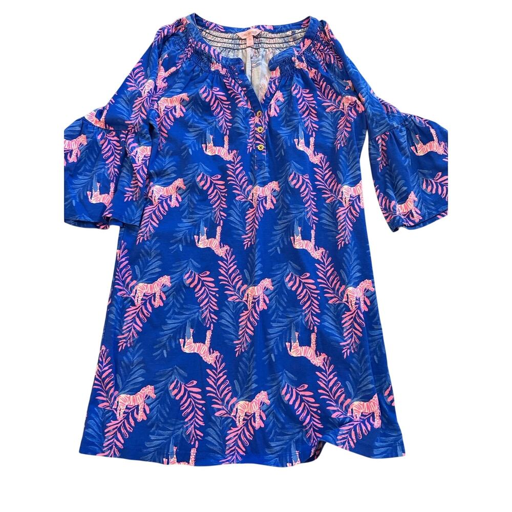Lilly Pulitzer Zebra Print Swim Cover Up Blue Pink Bell Sleeve Tunic Size Medium